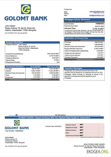 Modèle Word et PDF de relevé hypothécaire de la Mongolie Golomt Bank